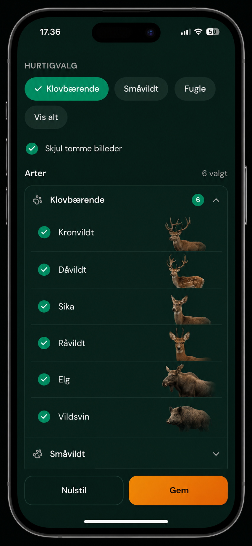 Jäger app-galleri med AI-artsfilter på vildtkamerabilleder