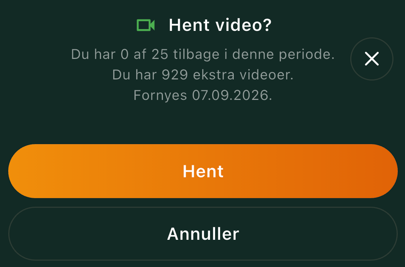 “Hent video?”-dialog i Jäger-appen med antal klip tilbage og Hent-knap