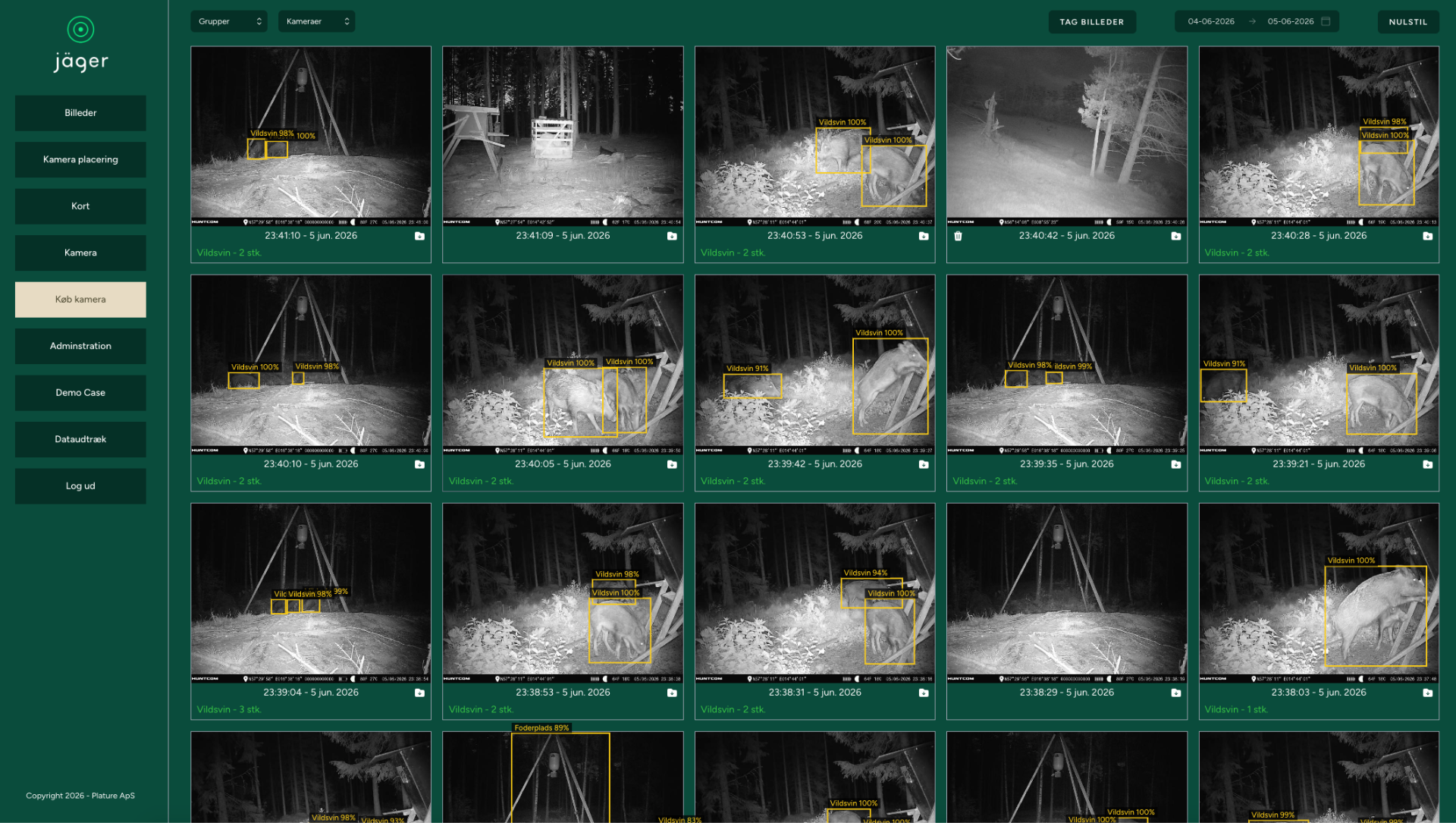 Jäger webportal med billedgennemgang i fuld skærm og sidefiltre