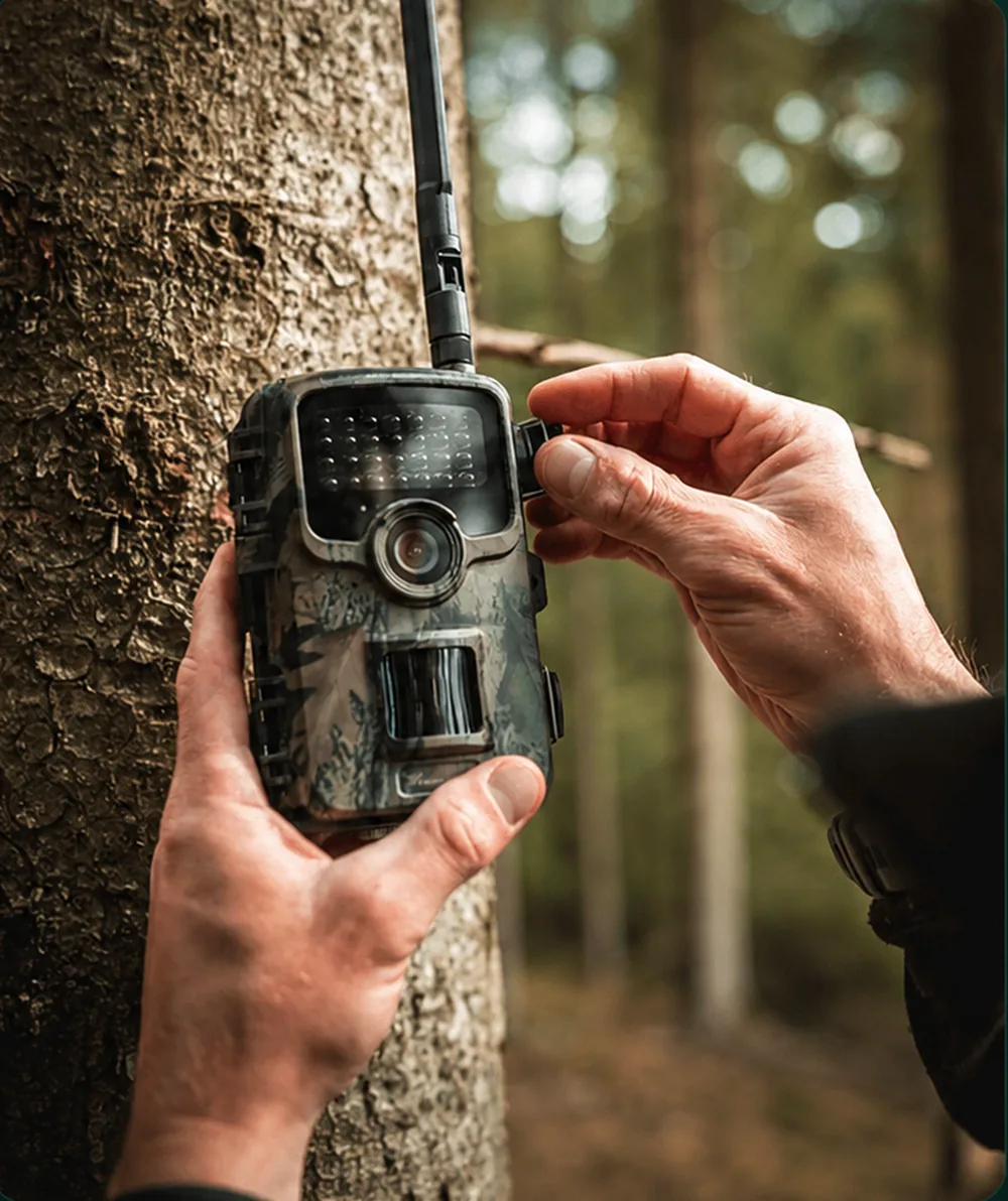 Jæger monterer et Huntcom 4G-vildtkamera på et træ i skoven