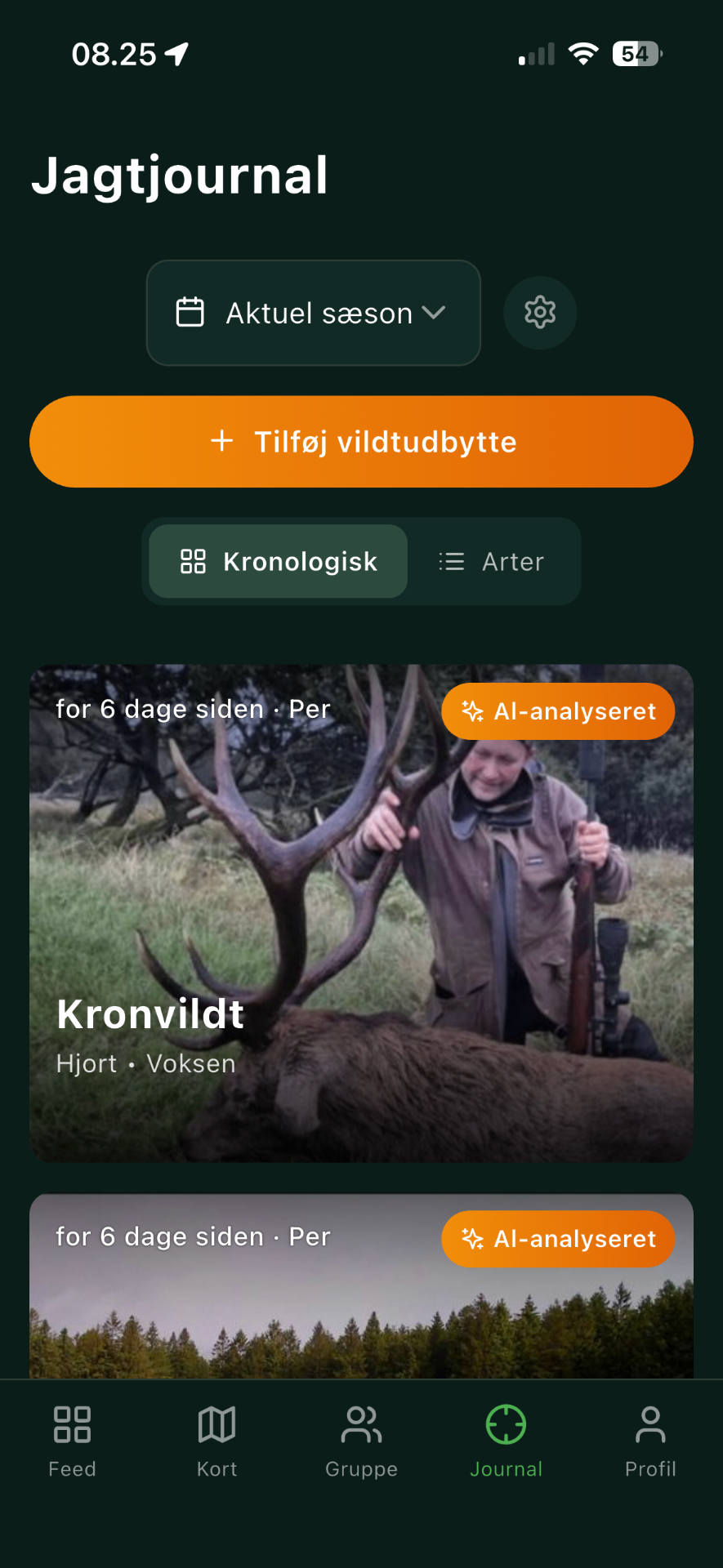 Jäger jagtjournal — nedlagt vildt registreret med art, køn og alder
