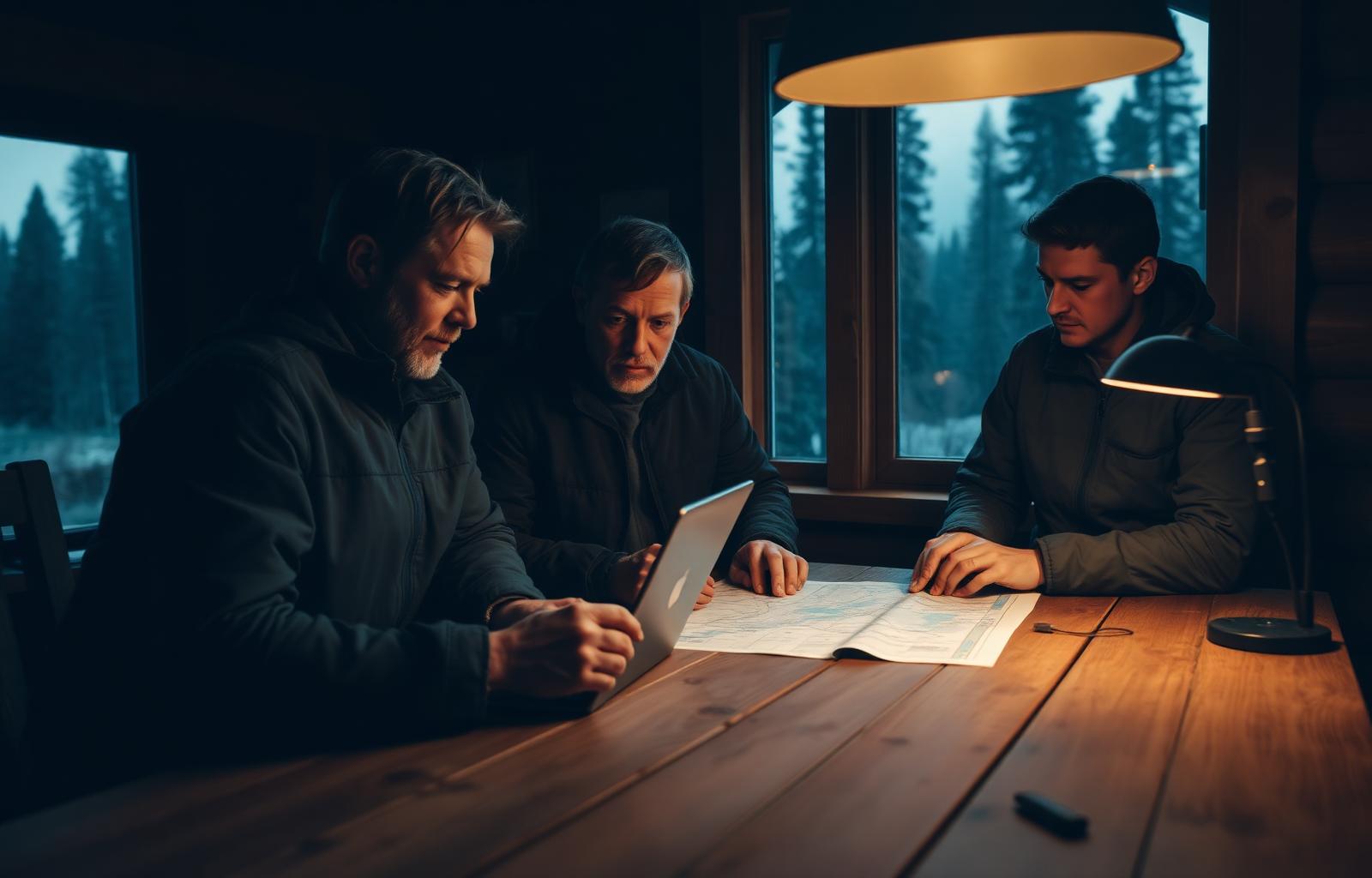 Plature-teamet arbejder over et kort i en cabin